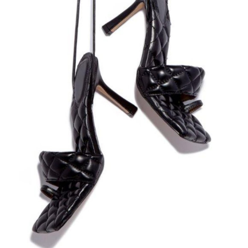 Lace Up Quilted Square Toe Heels in Black - Picture 9 of 13